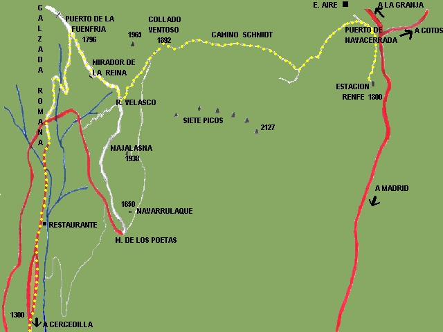Mapa ruta de senderismo :l Puerto de Navacerrada, Camino Schmidt, Puerto de  La Fuenfría, Cercedilla estacion de tren.